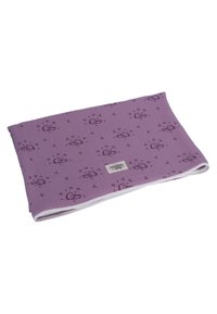 Purple muslin blanket featuring a repeated print of whales, moons, and stars. Soft texture with white trim and a small label on one edge.