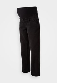 Black maternity jeans with a stretchy belly panel, featuring a classic five-pocket design and straight leg cut. Soft denim texture.