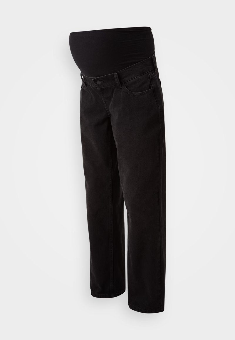 Zwarte zwangerschapsjeans met een rekbare buikband, voorzien van een klassiek vijf-pocket ontwerp en rechte pijpen. Zachte denimtextuur.