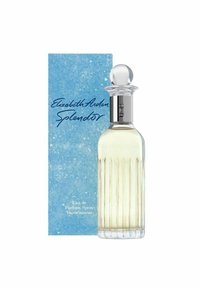 Genomskinlig glasparfymflaska med vertikala kanter, silverdetaljer, försedd med ett sfäriskt lock. Åtföljd av en texturerad blå låda.