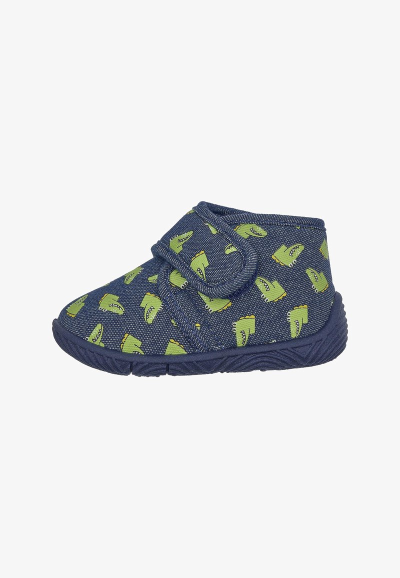 Chaussure enfant bleu marine avec des imprimés de dinosaures verts et une bride velcro unique, dotée d’une semelle texturée et durable.