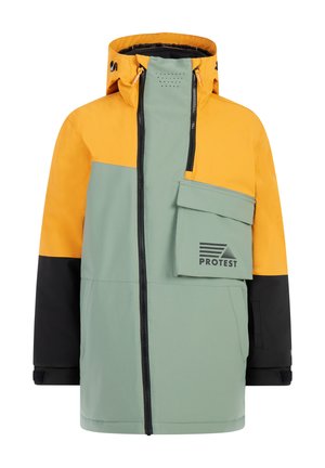 Kleurgeblokte jas met een oranje bovenstuk, groene body en zwarte ondermouwen. Bevat een voorzak en een rits. Ademend materiaal.