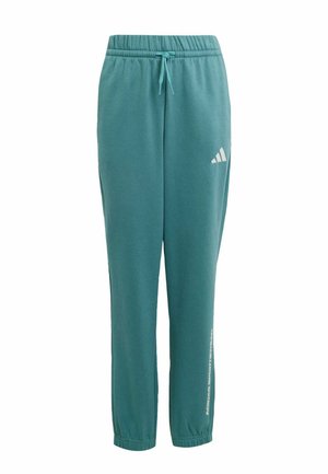 Pantalons de survêtement teal en tissu doux, dotés d'une taille élastique avec cordon de serrage, de jambes fuselées et d'accents de logo blancs.