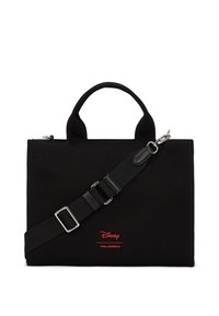 Sac en toile noir avec deux poignées supérieures et une bandoulière détachable. Avec le texte du logo rouge "Disney" et "KARL LAGERFELD" à l'avant.