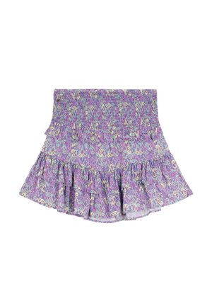 Gonna viola arricciata con vita smock, caratterizzata da un motivo floreale in tonalità verdi e rosa. Tessuto leggero, design a strati.