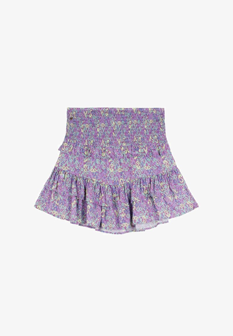 Lilla volangskørt med smocked liv, prydet med et blomsterdesign i grønne og pink nuancer. Letvægtsstof, lagdelt design.