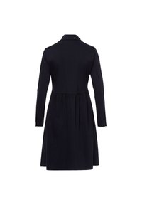 Black dress with a collared neckline, long sleeves, and a gathered waist, featuring a smooth fabric and a flared skirt, seen from the back.