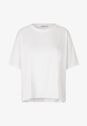 Weißes T-Shirt mit kurzen Ärmeln aus weicher Baumwolle, mit rundem Ausschnitt, lockerer Passform und subtil abgerundetem Saum mit Etikett innen.