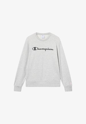Felpa grigia in misto cotone, con scollo rotondo, maniche lunghe e un grande logo "Champion" nero sul davanti.