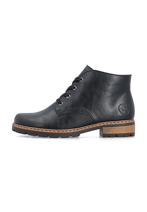 Black leather ankle boot with lace-up front, round toe, brown stacked heel, and ridged rubber sole, side logo embossed near heel.