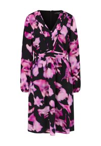 Langärmliges Kleid aus schwarzem Stoff mit einem pinken abstrakten Muster. V-Ausschnitt mit Faltendetails an der Brust und tailliertem Schnitt.
