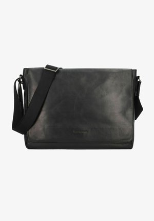 Black leather messenger bag with a smooth texture, adjustable shoulder strap, and a folded flap closure. Subtle branding on the front.