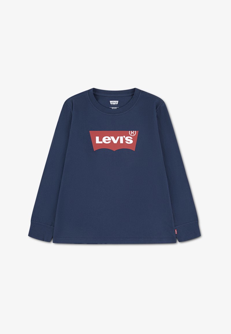 Tengerészkék hosszú ujjú póló piros Levi's logóval a mellkas közepén, kerek nyakkivágással és bordázott mandzsettákkal.