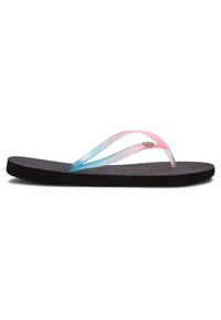 Tongs en caoutchouc avec une semelle noire texturée, dotées de sangles translucides roses et bleues. Pas de marquage visible ni de détails supplémentaires.