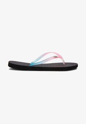 Thong flip-flop with a black textured sole, featuring translucent pink and blue straps. No visible branding or additional details.