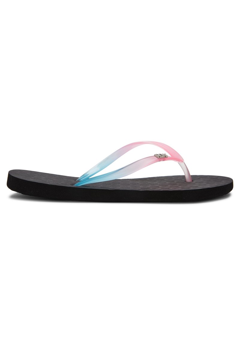 Tongs en caoutchouc avec une semelle noire texturée, dotées de sangles translucides roses et bleues. Pas de marquage visible ni de détails supplémentaires.