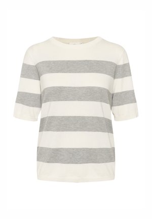 Pruhované tričko v krémové a světle šedé barvě, s krátkými rukávy a kulatým výstřihem. Měkká látka s horizontálními pruhy a volný střih.