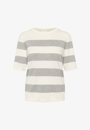 Pruhované tričko v krémové a světle šedé barvě, s krátkými rukávy a kulatým výstřihem. Měkká látka s horizontálními pruhy a volný střih.