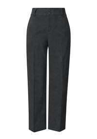 Pantaloni in corduroy grigio scuro con un design a gamba dritta, dotati di una vita, due bottoni e una sottile trama a coste.