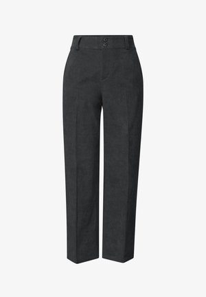 Donkergrijze corduroy broek met een recht model, voorzien van een tailleband, twee knopen en een subtiele ribbelstructuur.