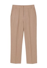 Beige rovné kalhoty vyrobené z lehkého materiálu, s dvěma bočními kapsami a jemnou texturou se stylovým designem pasu.