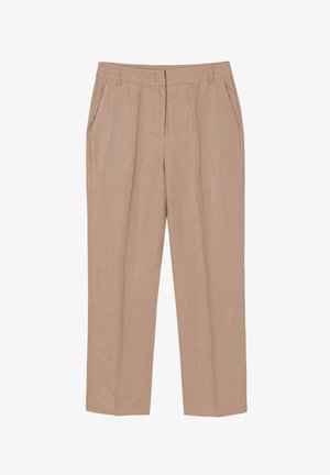 Béžové nohavice s rovnými nohavicami vyrobené z ľahkej látky, so zúženými bočnými vreckami a jemnou textúrou s čistým dizajnom pásu.