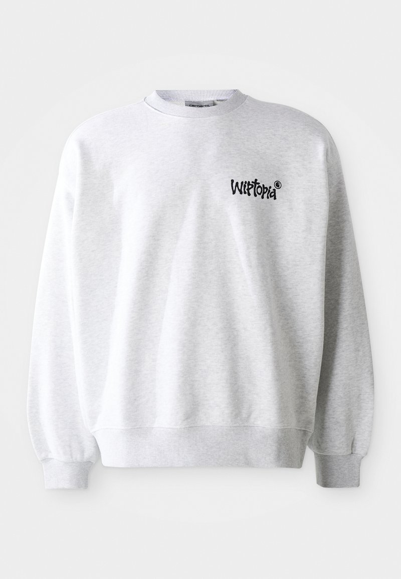 Ljusgrå sweatshirt med rund halsringning, ribbad mudd och nederkant. Har svart "Wittopia"-logotyp på vänster bröstområde. Mjuk textur.