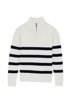 Hvid strikket sweater med tre sorte horisontale striber på kroppen og ærmerne, ribstrikkede manchetter og kant samt en kort flotter med lynlås foran.