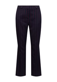 Marineblauwe broek met verticale strepen in roze en bordeauxrood. Strakke taille met twee knopen, rechte pijpen, gladde stofstructuur.