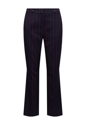 Marineblauwe broek met verticale strepen in roze en bordeauxrood. Strakke taille met twee knopen, rechte pijpen, gladde stofstructuur.