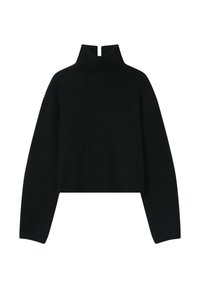Pull à col roulé noir côtelé avec une coupe courte, présentant des manches longues et un encolure fendue. Texture douce et coupe décontractée.