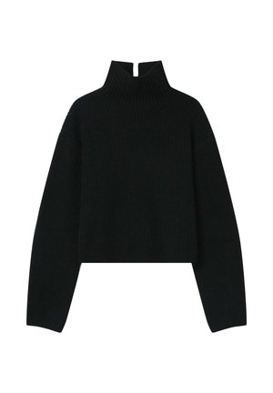 Pull à col roulé noir côtelé avec une coupe courte, présentant des manches longues et un encolure fendue. Texture douce et coupe décontractée.