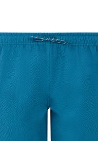 Turkio spalvos maudymosi šortai su tekstūruotu audiniu, elastine juostos juosta ir daugiaspalve raišteliu pritaikyti dydžiui.