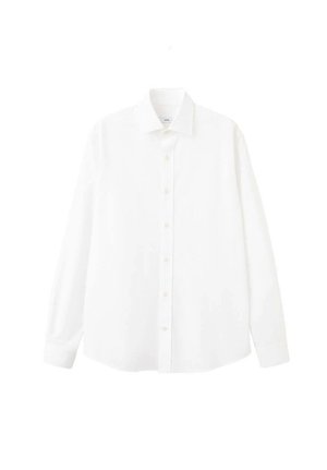 Bela srajca z dolgimi rokavi, narejena iz mehke tkanine, s klasičnim ovratnikom in petimi gumbi spredaj, s preprostim krojem.