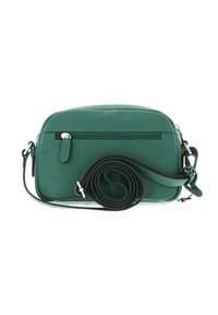 Sac bandoulière en cuir vert avec une finition texturée, fermeture zippée et une bandoulière noire détachable, doté d'une poche zippée arrière.