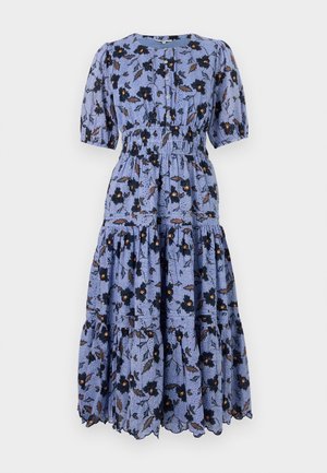 Sinine lilleline midi kleit puhvliiste varrukatega, smockitud vöökohaga ja kihilise seeliku osaga. Omab musti lilli ja pruune lehti tekstuuriga taustal.