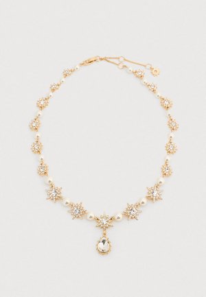 Gold-tone necklace featuring pearl beads and star-shaped crystal accents, with a central drop pendant set with a clear stone.
