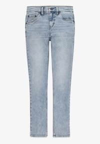 Jeans de mezclilla azul claro con un diseño de pierna recta, cinco bolsillos, cierre frontal de botón y un desvanecimiento sutil en todo su alrededor.