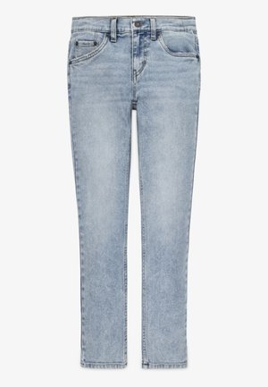 Jeans in denim azzurro chiaro con design a gamba dritta, cinque tasche, chiusura frontale con bottone e leggera scoloriture uniformi.