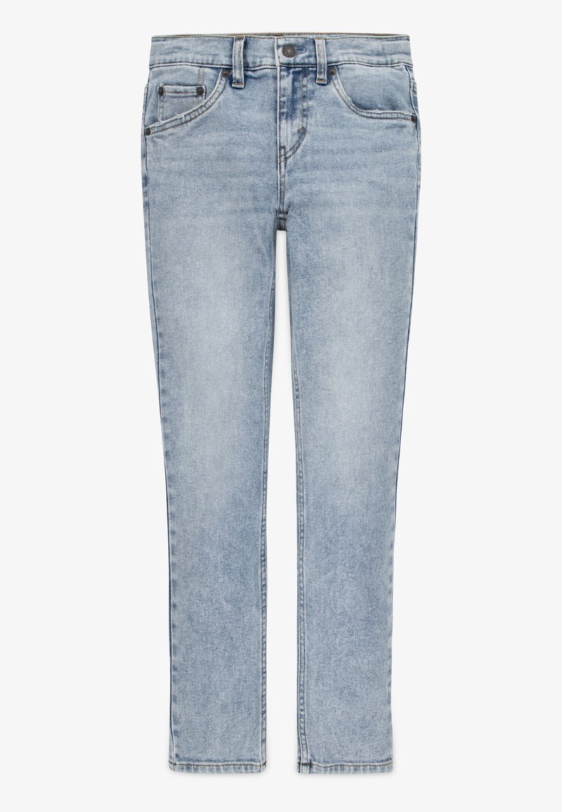 Jeans de mezclilla azul claro con un diseño de pierna recta, cinco bolsillos, cierre frontal de botón y un desvanecimiento sutil en todo su alrededor.