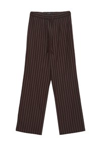 Pantalons larges à rayures marron confectionnés dans un tissu doux, avec une taille élastique et un cordon de serrage. Des rayures verticales blanches parcourent tout le dessin.