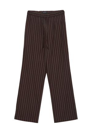 Pantaloni a gamba larga a righe marroni realizzati in un tessuto morbido, con elastico in vita e cordoncino. Rigature bianche verticali percorrono l'intero design.