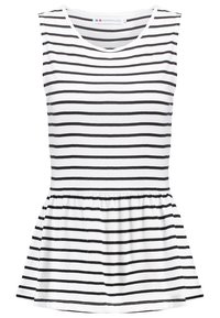 Top sin mangas a rayas blanco y negro con un escote redondo y un dobladillo peplum fruncido. Hecho de una tela suave y ligera.