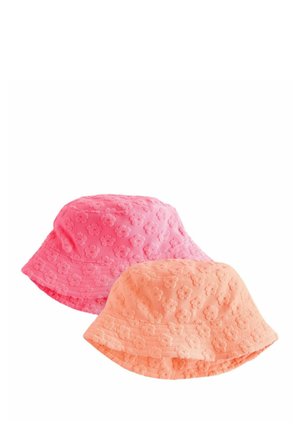 Two textured bucket hats in pink and peach colors with raised floral patterns on a white background.