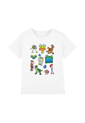 White T-shirt with colorful Toy Story 5 characters including Buzz Lightyear, Woody, Jessie, Rex, and Forky around the logo.