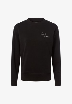 Schwarzer Sweatshirt aus weichem Stoff, mit Rundhalsausschnitt und langen Ärmeln, mit einem weißen gestickten "Good Karma"-Text auf der Brust.