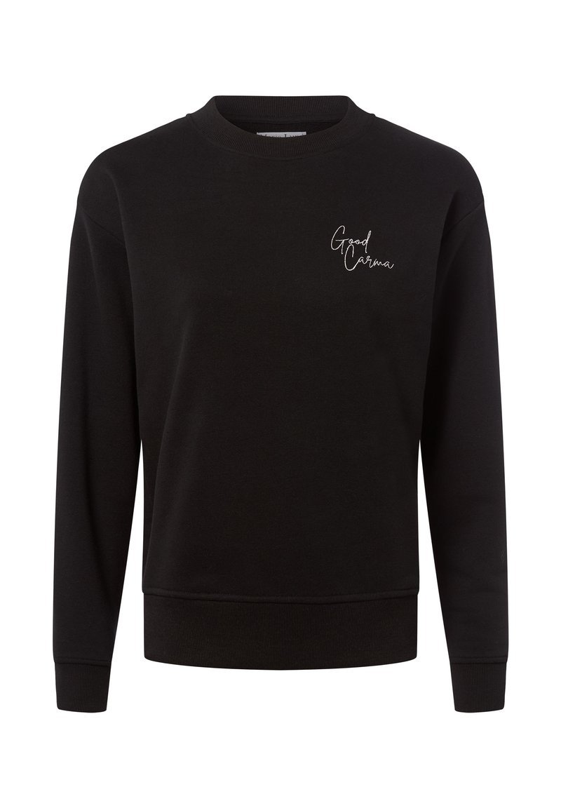 Czarny sweatshirt z miękkiego materiału, z okrągłym dekoltem i długimi rękawami, z białym haftowanym napisem "Good Karma" na piersi.
