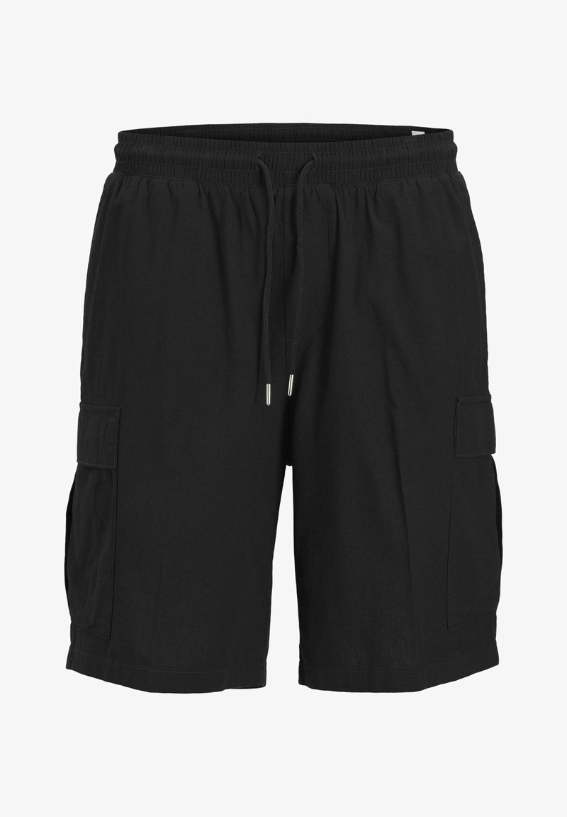 Shorts cargo noirs en tissu léger, dotés d'une taille élastique, d'un cordon de serrage et de détails de poches latérales.