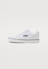 White FILA sneakers with a quilted textile upper, flat laces, padded collar, rubber sole, and subtle blue accents along the midsole.