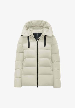 Puffer jacket in light beige with a hood, black zippers, and adjustable drawstrings. Features a quilted pattern and soft texture.